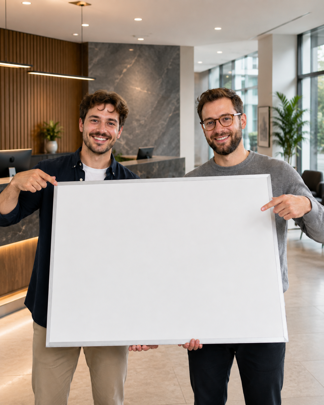 Deux personnes tiennent un tableau avec un message personnalisé pour le client